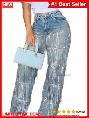 High Waisted Sequin Fringe Straight Leg Jeans Tassel Denim Pants